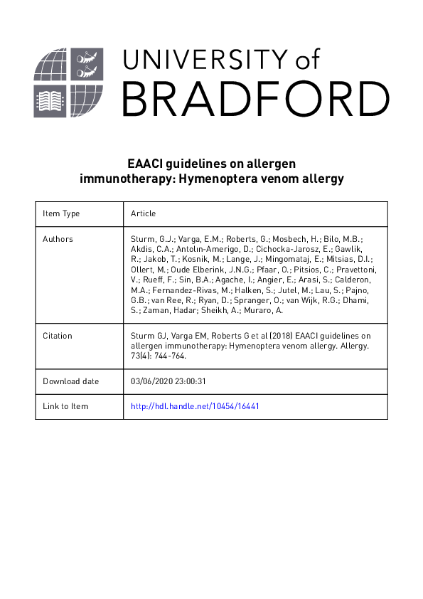 (PDF) EAACI Guidelines on Allergen Immunotherapy: Hymenoptera venom allergy