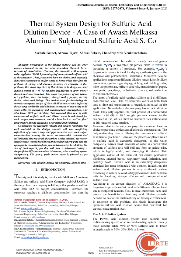 (PDF) Thermal System Design for Sulfuric Acid Dilution Device A Case
