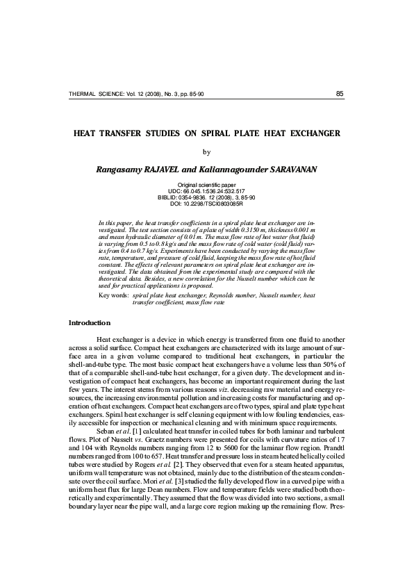 (PDF) Heat transfer studies on spiral plate heat exchanger