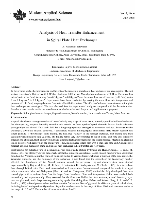 (PDF) Analysis of Heat Transfer Enhancement in Spiral Plate Heat Exchanger
