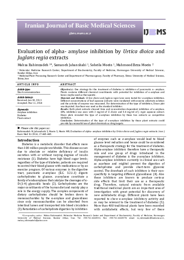 (PDF) Evaluation of alpha- amylase inhibition by Urtica dioica and ...