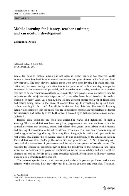 (PDF) Mobile learning for literacy, teacher training and curriculum ...
