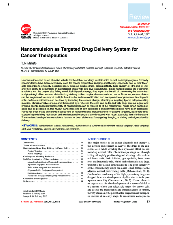 (PDF) Nanoemulsion as Targeted Drug Delivery System for Cancer Therapeutics
