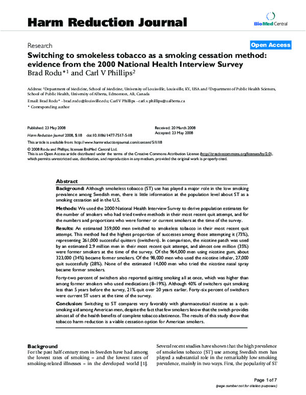 brad rodu smokeless tobacco PDF) Switching to smokeless tobacco as a smoking cessation method: evidence  from the 2000 National Health Interview Survey