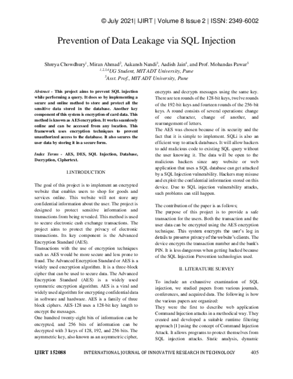 (PDF) Prevention of Data Leakage via SQL Injection