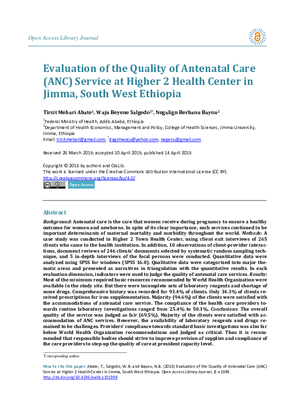 (PDF) Evaluation of the Quality of Antenatal Care (ANC) Service at ...