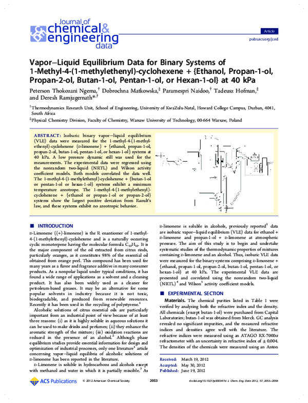 (PDF) Vapor–liquid equilibrium data for the binary systems in the ...