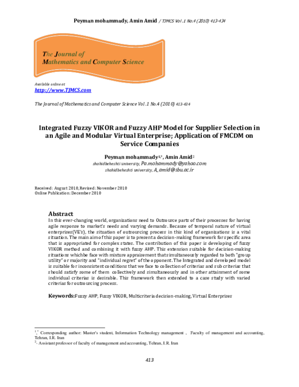 (PDF) Integrated Fuzzy VIKOR And Fuzzy AHP Model For Supplier Selection ...