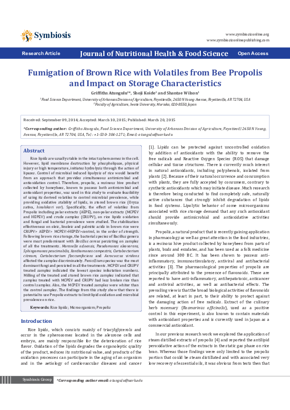(PDF) Fumigation of Brown Rice with Volatiles from Bee Propolis and ...