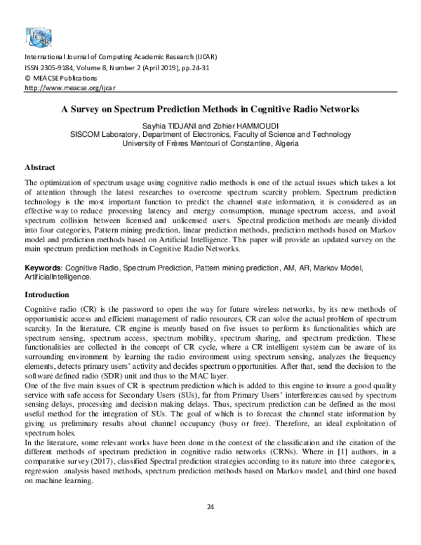 (PDF) A Survey on Spectrum Prediction Methods in Cognitive Radio Networks