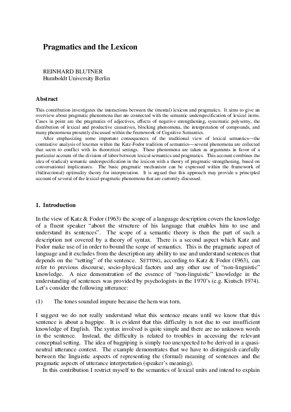 (PDF) Pragmatics and the Lexicon Laurence Horn Academia.edu