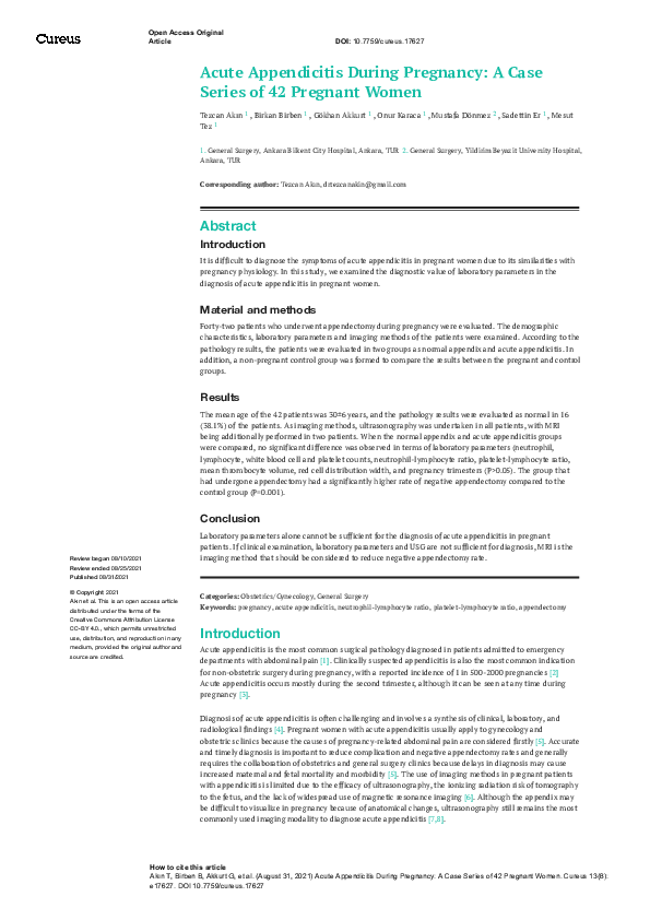 (PDF) Acute Appendicitis During Pregnancy: A Case Series of 42 Pregnant ...