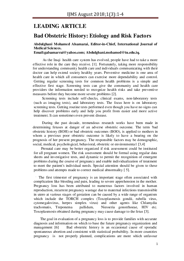 (PDF) Bad Obstetric History Etiology and Risk Factors Abdulghani