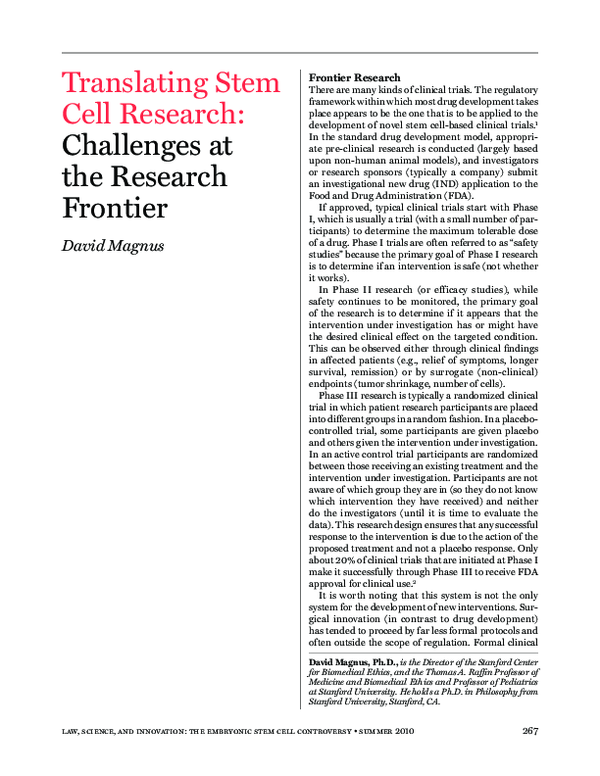 (PDF) Translating Stem Cell Research: Challenges at the Research ...