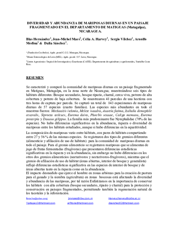 (PDF) DIVERSIDAD Y ABUNDANCIA DE MARIPOSAS DIURNAS EN UN PAISAJE ...
