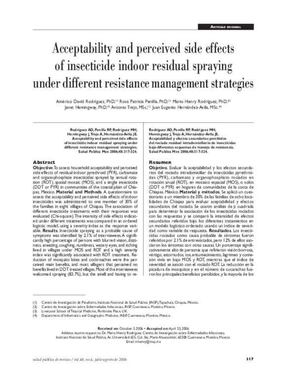 (PDF) Acceptability and perceived side effects of insecticide indoor