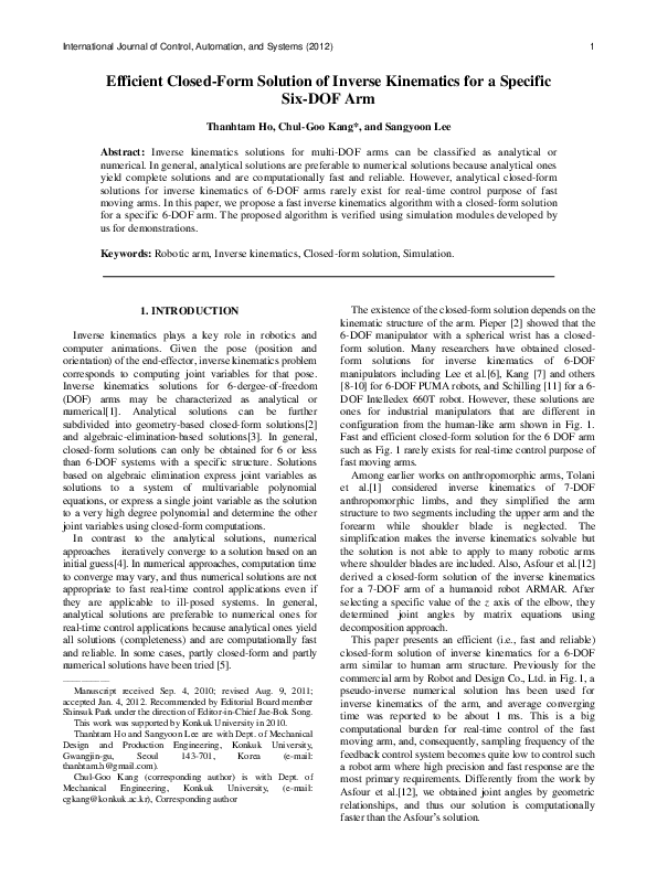 (PDF) Efficient closed-form solution of inverse kinematics for a ...