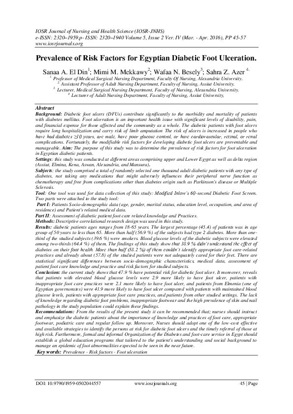 (PDF) Prevalence of Risk Factors for Egyptian Diabetic Foot Ulceration
