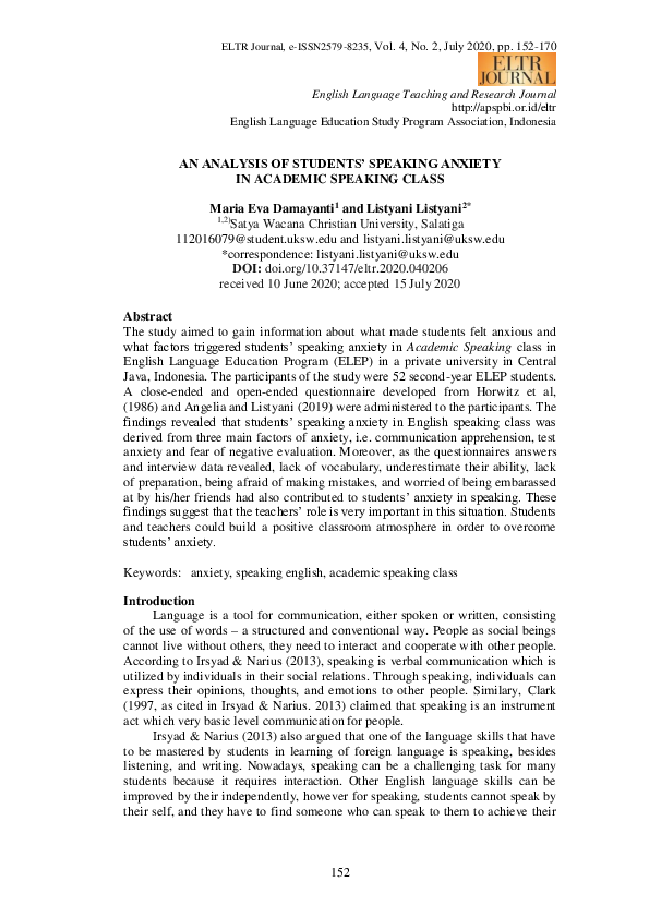 (PDF) An Analysis of Students’ Speaking Anxiety in Academic Speaking Class