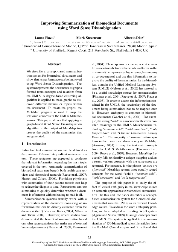 (PDF) Improving summarization of biomedical documents using Word Sense ...