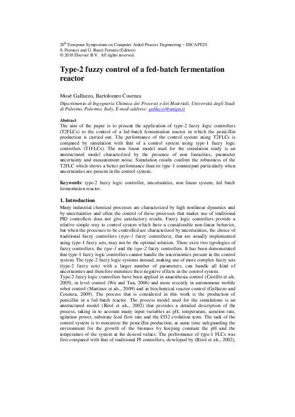 (PDF) Type-2 fuzzy control of a fed-batch fermentation reactor