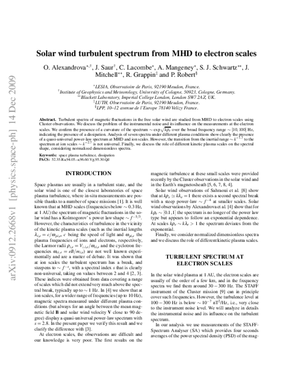 (PDF) Solar wind turbulent spectrum from MHD to electron scales