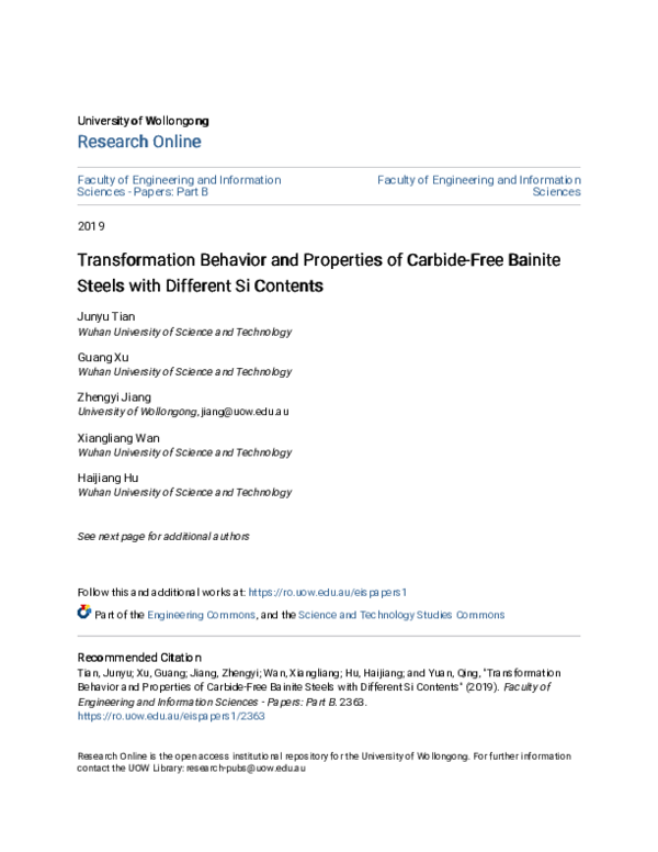 (PDF) Transformation Behavior and Properties of Carbide-Free Bainite ...