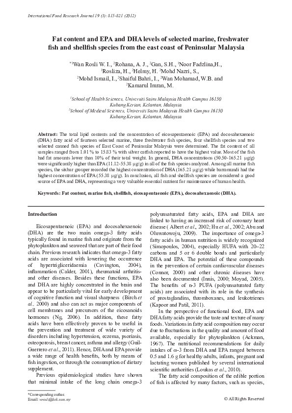 (PDF) Fat content and EPA and DHA levels of selected marine, freshwater ...