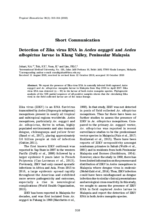 (PDF) Detection of Zika virus RNA in Aedes aegypti and Aedes albopictus ...