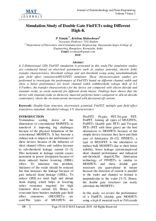 (PDF) Simulation Study of Double Gate FinFETs using Different High-K