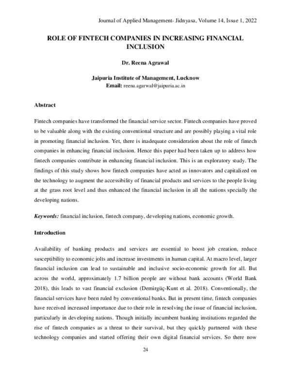 (PDF) ROLE OF FINTECH COMPANIES IN INCREASING FINANCIAL INCLUSION