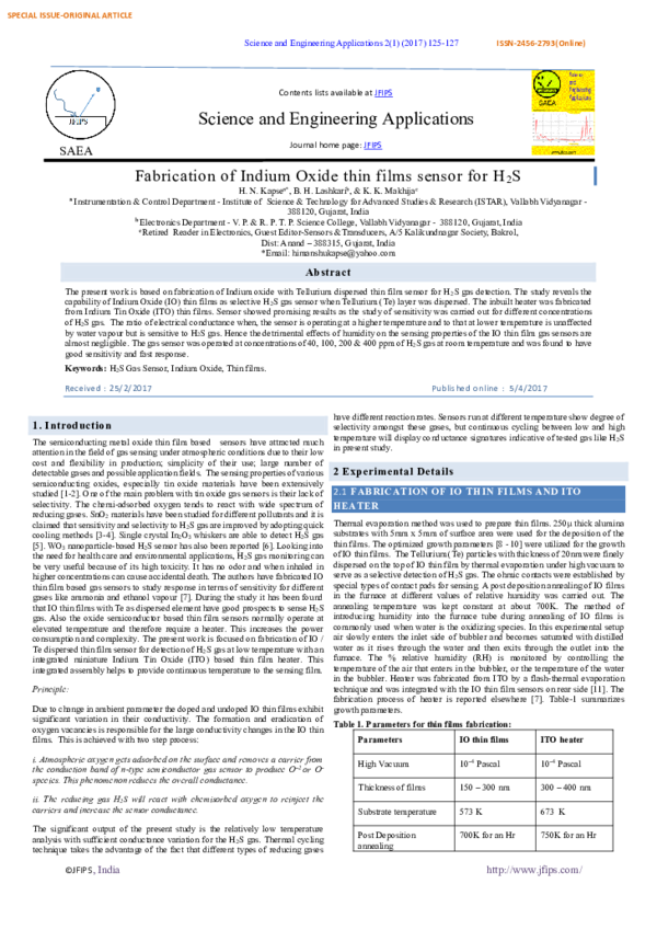 (PDF) Fabrication of Indium Oxide Thin Films Sensor for H2S