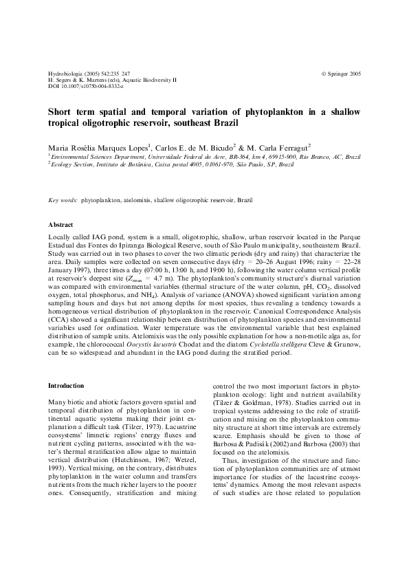 (PDF) Short term spatial and temporal variation of phytoplankton in a ...