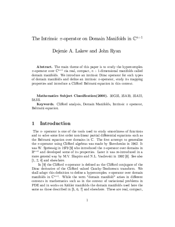 (PDF) The Intrinsic pi-Operator on Domain Manifolds in C^{n+1}