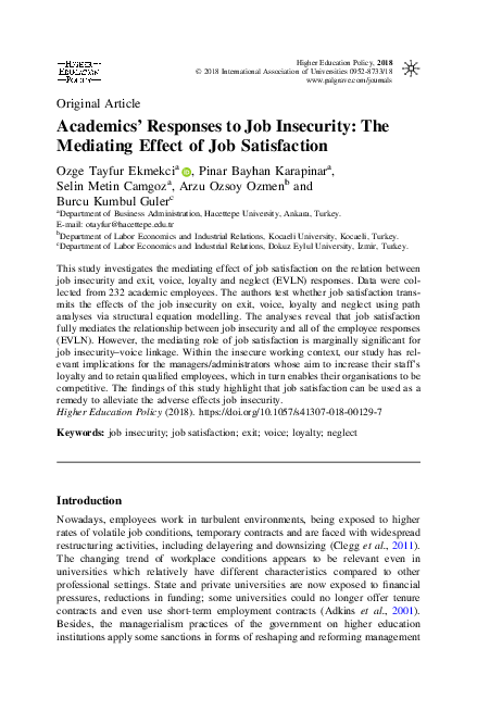 (PDF) Academics’ Responses to Job Insecurity: The Mediating Effect of ...