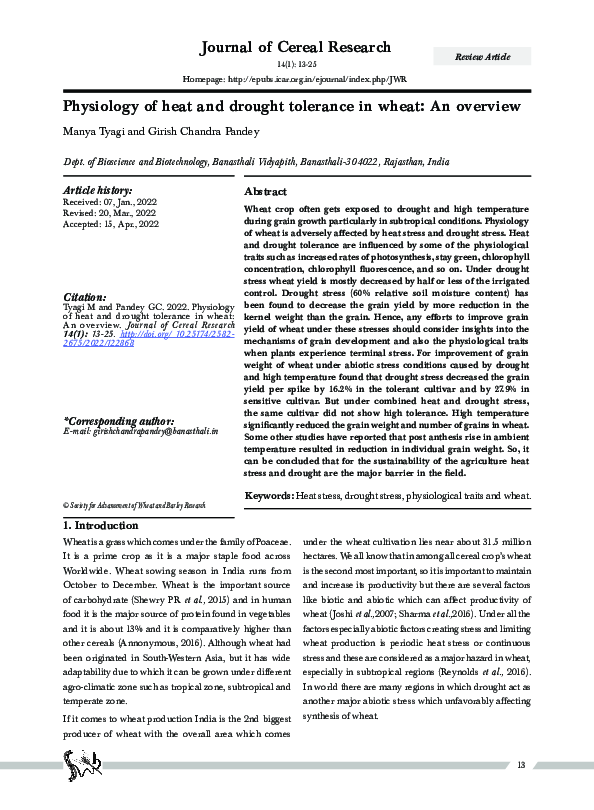 (PDF) Physiology of heat and drought tolerance in wheat: An overview
