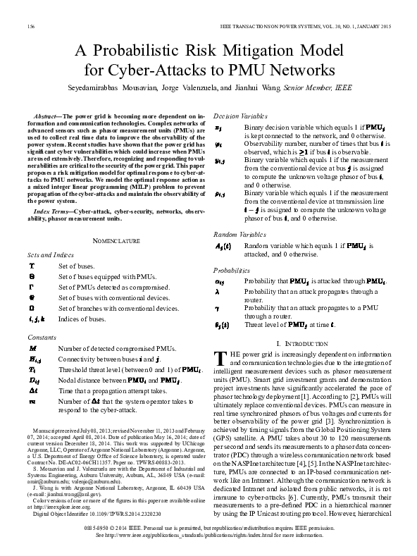 (PDF) A Probabilistic Risk Mitigation Model for Cyber-Attacks to PMU ...