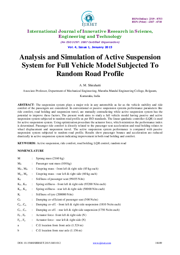 (PDF) Analysis and Simulation of Active SuspensionSystem for Full ...