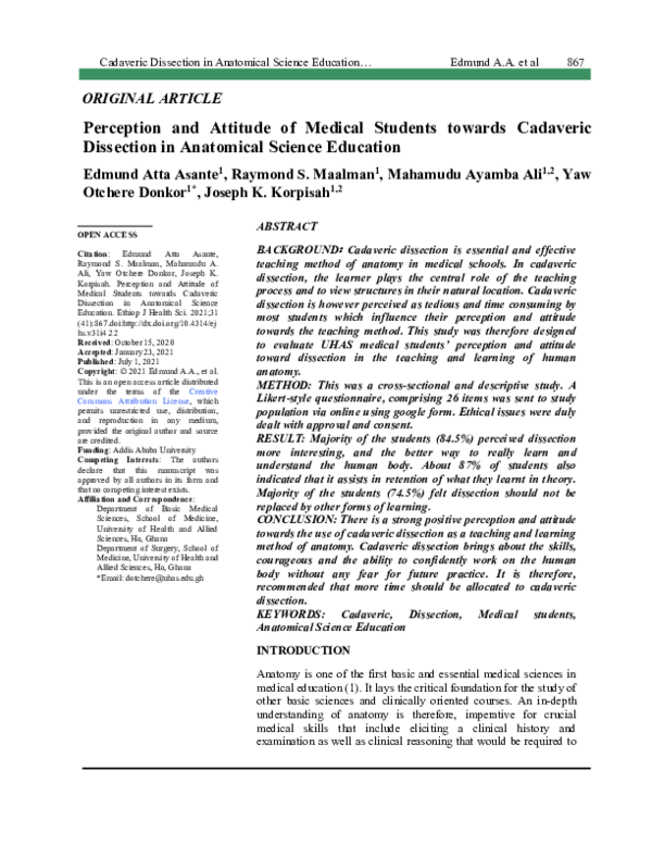 (PDF) Perception and Attitude of Medical Students towards Cadaveric ...