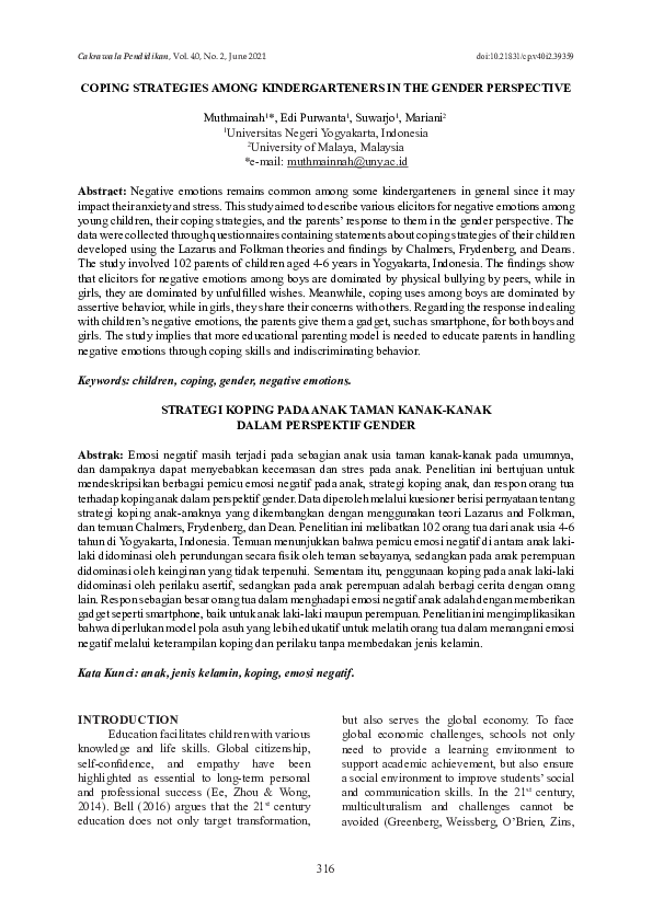 (PDF) Coping Strategies Among Kindergarteners in the Gender Perspective