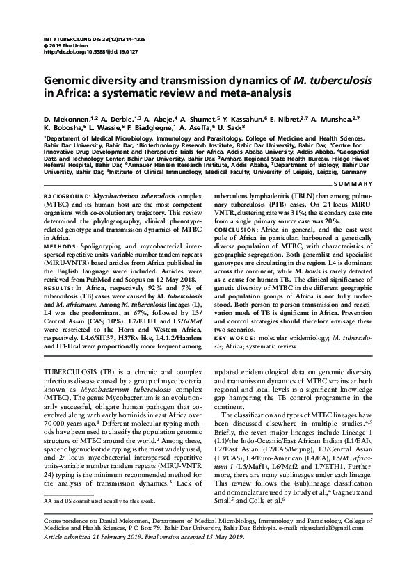 (PDF) Genomic diversity and transmission dynamics of M. tuberculosis in ...