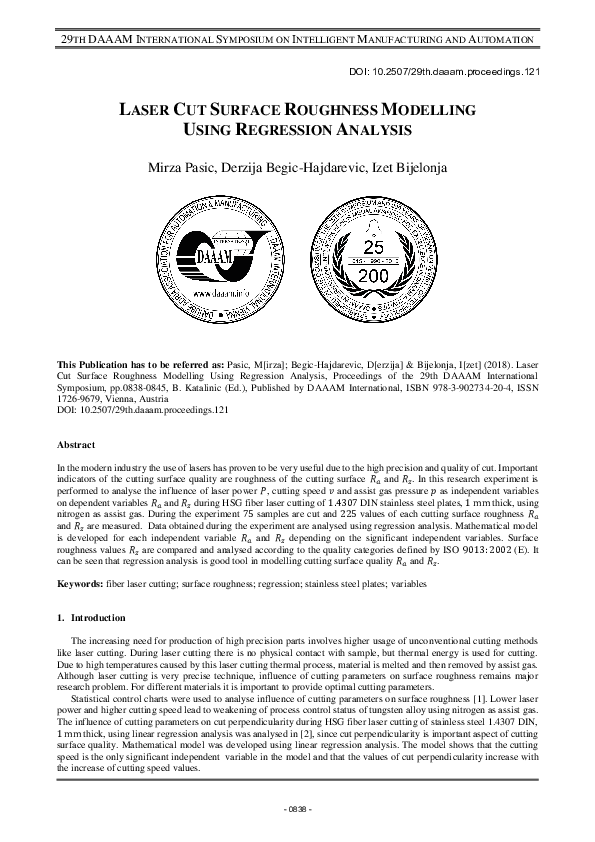 (PDF) Laser Cut Surface Roughness Modelling Using Regression Analysis