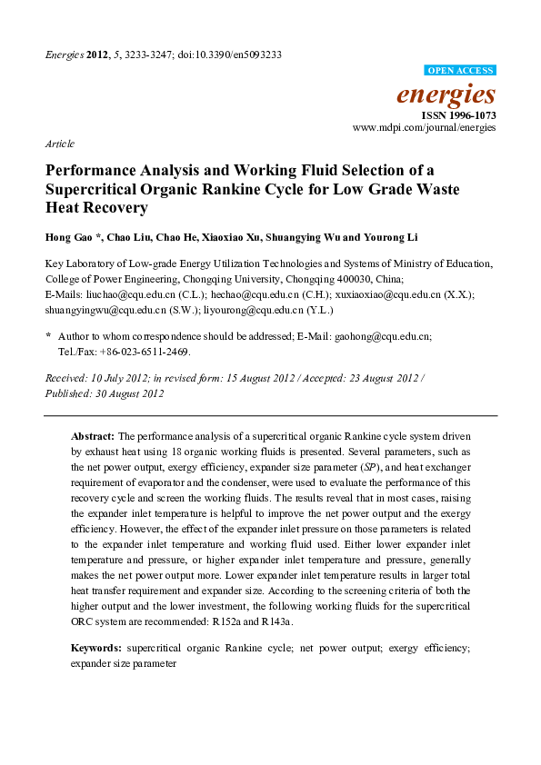 (PDF) Performance Analysis and Working Fluid Selection of a ...