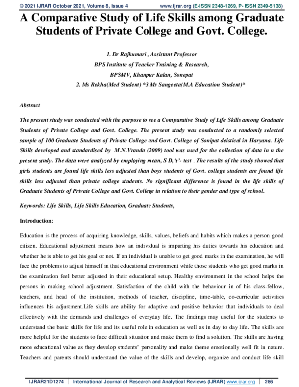 (PDF) A Comparative Study of Life Skills among Graduate Students of ...