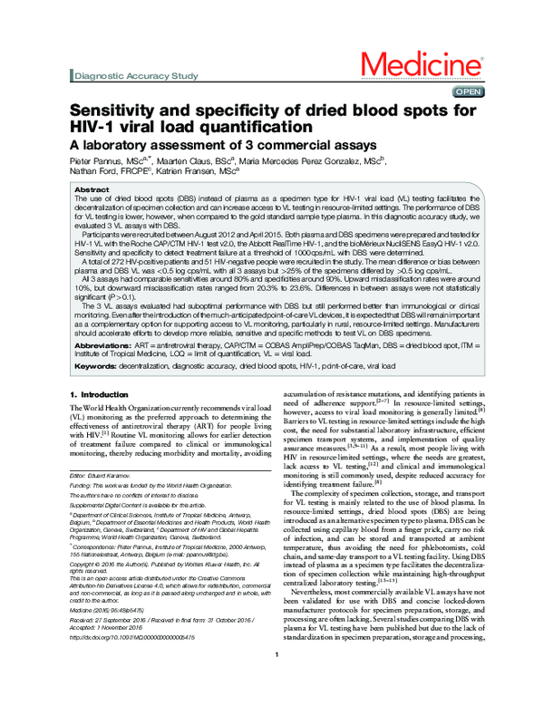 (PDF) Sensitivity and specificity of dried blood spots for HIV-1 viral ...