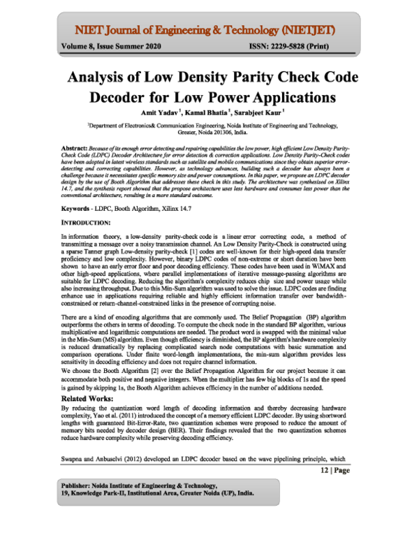 (PDF) Analysis Of Low Density Parity Check Code Decoder For Low Power ...