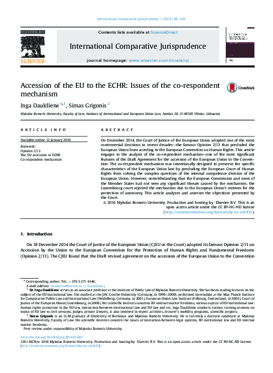 (PDF) Accession of the EU to the ECHR: Issues of the co-respondent ...