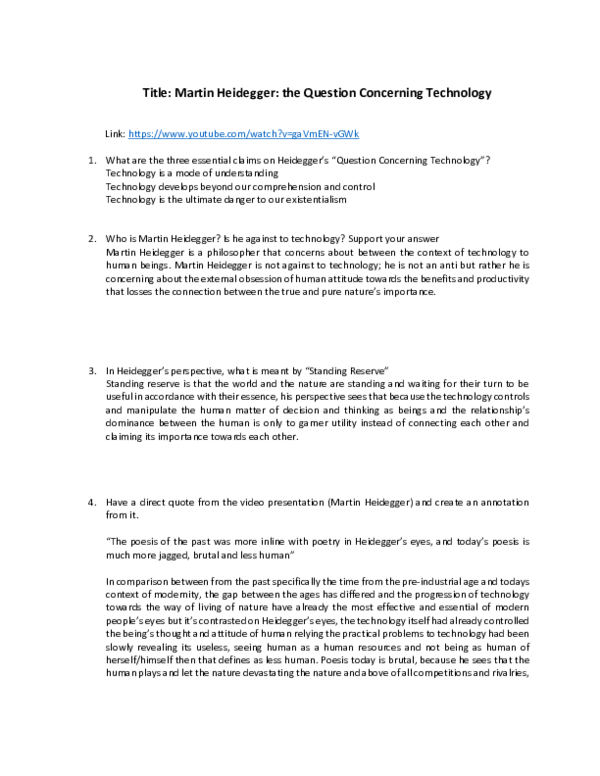 (PDF) Title: Martin Heidegger: the Question Concerning Technology