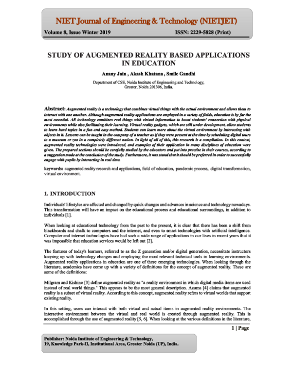 (PDF) STUDY OF AUGMENTED REALITY BASED APPLICATIONS IN EDUCATION