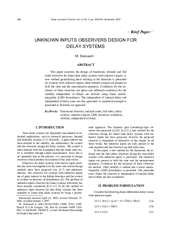 (PDF) Unknown Inputs Observers Design for Delay Systems